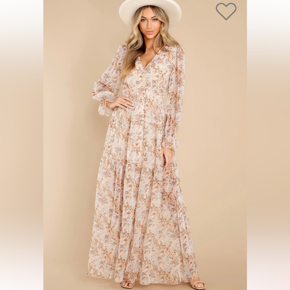 Beige Floral Print Maxi Dress